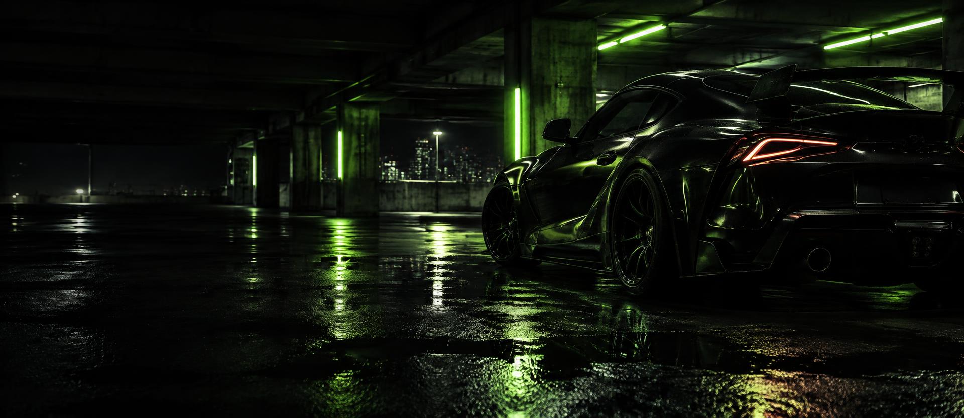 Black sports car under neon green lights in an underground garage